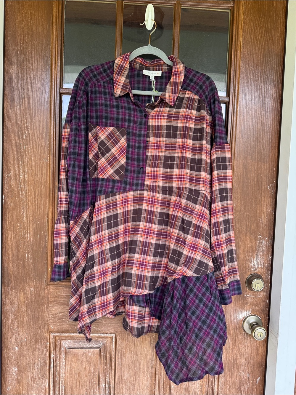 Umgee Multicolor Plaid Patchwork Button-Down Shirt